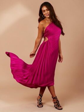 RoseVelvet Magenta One Shoulder Pleated Midi Cocktail Dress Medium NWT